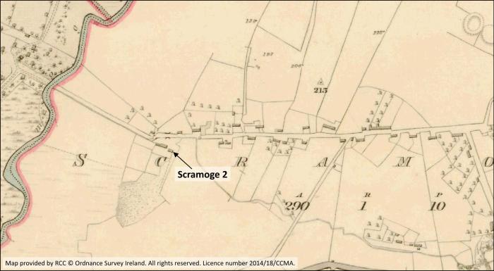 Map extract showing the village of Scramoge as depicted on the first-edition OS six-inch map (published 1838).